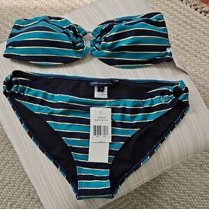 NWT Striped Navy, Teal and Gold Bikini Set- L